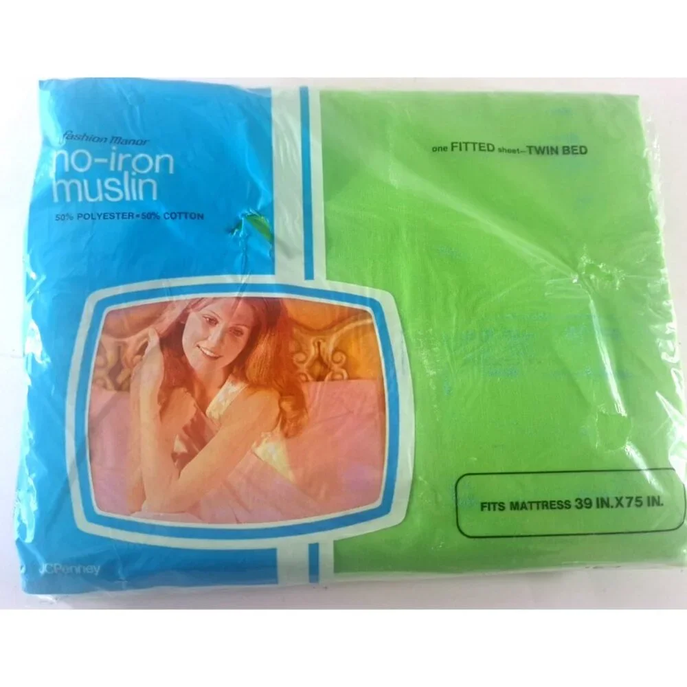 Vintage NEW Fashion Manor Twin Fitted Sheet Muslin Green JC Penney 70s Retro
